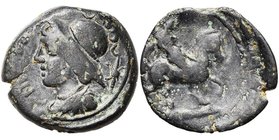 GAULE BELGIQUE, Atrébates, AE bronze. Classe I. D/ T. casquée à g. Devant, ANDOBRV. R/ Cavalier au manteau flottant, chevauchant au pas à d. Scheers, ...