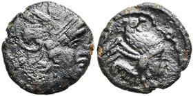 GAULE BELGIQUE, Bellovaci, AE bronze. Type de Bracquemont. D/ T. casquée à d., aux lèvres épaisses, d''inspiration romaine. R/ Coq à d., le ventre for...
