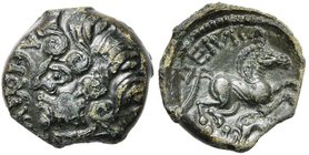 GAULE BELGIQUE, Suessions, AE bronze, avant 52 av. J.-C. Classe I. D/ T. à g. Devant, globules, croissants et annelet pointé. R/ Cheval à d. Au-dessus...