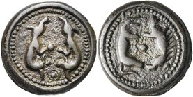 GAULE BELGIQUE, Suessions, AE potin, avant 52 av. J.-C. Classe II. D/ Deux boucs affrontés, dressés sur les pattes arrière, de part et d''autre d''un ...