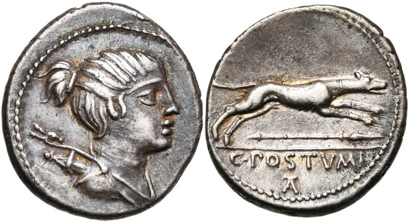 C. Postumius, AR denier, 74 av. J.-C., Rome. D/ B. de Diane dr. à d., le carquoi...