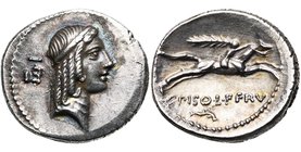 C. Piso Frugi, AR denier, 67 av. J.-C., Rome. D/ T. d''Apollon à d., les cheveux tenus par un bandeau. Derrière la tête, . R/ Cavalier au galop à d.,...