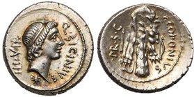 Q. Sicinius et C. Coponius, AR denier, 49 av. J.-C., atelier itinérant. D/ Q· SICINIVS- III·VIR T. diad. d''Apollon à d. En dessous, une étoile. R/ C·...