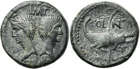 AUGUSTE (-27-14), AE as, 20-10 av. J.-C., Nîmes. D/ IMP/ DIVI F T. d''Agrippa à g., coiffé de la couronne rostrale, et t. nue d''Auguste à d. R/ COL-N...