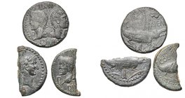 AUGUSTE (-27-14), lot de 3 bronzes de Nîmes: as, 10-14 ap. J.-C., avec P-P au droit; demi-as (2), T. d''Agrippa à g. (avec P-P) et T. l. d''Auguste à ...