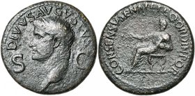 AUGUSTE divinisé, AE dupondius, 37-41, Rome. Frappé sous Caligula. D/ DIVVS AVGVSTVS T. r. à g. Dans le champ, S-C. R/ CONSENSV· SENAT· ET· EQ· ORDIN·...