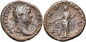 HADRIEN (117-138), AE as, 119-138, Rome. D/ HADRIANVS- AVG COS III PP T. l. à d. R/ ANNON-NA AVG/ S-C Annona deb. à g., ten. des épis au-dessus d''un ...