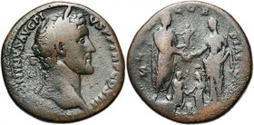 ANTONIN le Pieux (138-161), AE sesterce, 140-143, Rome. D/ ANTONINVS AVG PI-VS PP TR P COS III T. l. à d. R/ CON-COR-DIAE/ SC L''empereur deb. à d., t...