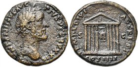 ANTONIN le Pieux (138-161), AE sesterce, 158-159, Rome. D/ ANTONINVS AVG PIVS P P TR P XXII T. l. à d. R/ TEMPLVM DIV AVG REST/ S-C/ COS IIII Temple o...