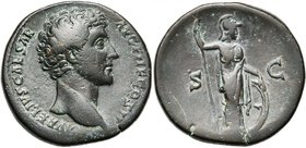 MARC AURELE César (139-161), sesterce, 145-160, Rome. D/ AVRELIVS CAESAR-AVG PII F COS II T. à d. R/ S-C Minerve deb. à g., ten. une lance et s''appuy...