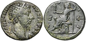 MARC AURELE Auguste (161-180), AE dupondius, 170-171, Rome. D/ M ANTONINVS- AVG TR P XXV T. r. à d. R/ COS IIII Roma assise à g. sur une cuirasse, ten...