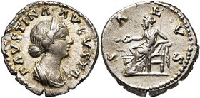 FAUSTINE la Jeune (†175), femme de Marc Aurèle, AR denier, 161-176, Rome. D/ FAVSTINA- AVGVSTA B. diad., dr. à d. R/ SALVS Salus assise à g., nourriss...