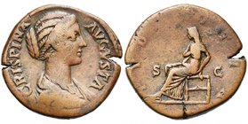 CRISPINE, femme de Commode, AE sesterce, Rome. D/ CRISPINA AVGUSTA B. dr. à d. R/ PVDICITIA / S-C Pudicitia voilée, assise à g. sur un siège sans doss...