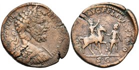 SEPTIME SEVERE (193-211), AE sesterce, 196-197, Rome. D/ L SEPT SEV PERT- AVG IMP VIII B. l., cuir. à d. R/ ADVENTVI AVG FELICISSIMO/ SC L''empereur c...