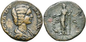 JULIA DOMNA (†217), femme de Septime Sévère, AE sesterce, 193-196, Rome. D/ IVLIA DO-MNA AVG B. dr. à d. R/ [IVNO REGINA]/ S-C Junon deb. à g., ten. u...