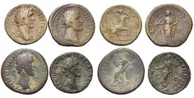 ANTONIN le Pieux (138-161), lot de 4 sesterces frappés à Rome: 140-144, R/ Ops assise à g.; 145-161, R/ Felicitas ten. un capricorne et un caducée; 15...