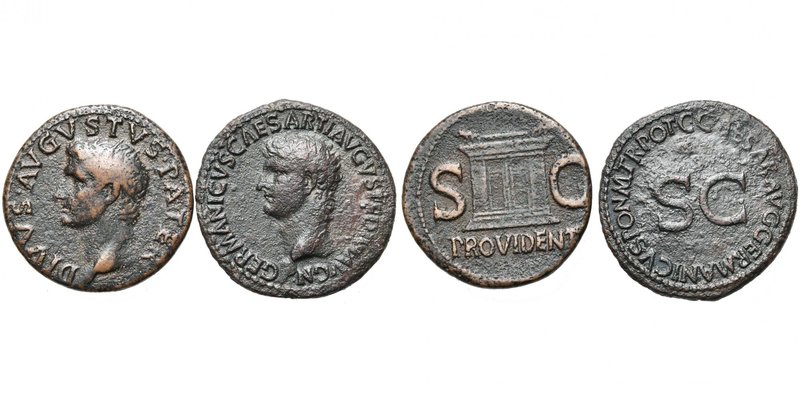 lot de 2 as: Auguste divinisé, frappé sous Tibère, R/ Autel; Germanicus, frappé ...