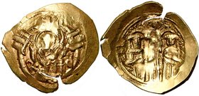 Andronic II et Michel IX (1294-1320), AV hyperpère, 1303-1325, Constantinople. D/ La Vierge orante dans les murs d''enceinte de Constantinople, compos...
