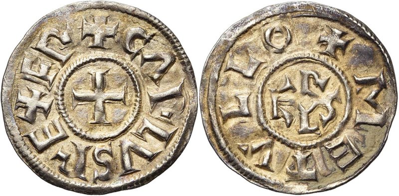CAROLINGIENS, Charles le Chauve (840-877), AR denier, avant 845, Melle. D/ + CΛR...