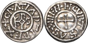 CAROLINGIENS, Charles le Chauve (840-877) ou Charles le Simple (897-922), AR denier, à partir de 864, Courcessin. D/ + GRΛTIΛ D-I REX Monogramme carol...