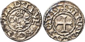 CAROLINGIENS, Eudes (888-897), AR denier, Limoges. D/ + GRΛTIΛ D-I RE Dans le champ, D entre deux croisettes. R/ + LIMVICΛS CIVIS Croix. M.G. 1332;...