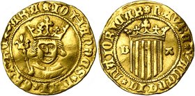 ESPAGNE, CATALOGNE ET ARAGON, Jean II (1458-1479), AV ducat johani, Valence. D/ + IOHANNES* DEI* GRA* REX* ARA B. couronné de f., ten. un sceptre sur ...