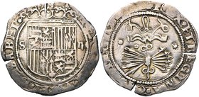 ESPAGNE, Royaume, Ferdinand et Isabelle (1474-1504), AR 2 reales, s.d., Séville. D/ Grand écu couronné entre S et II. R/ Faisceau de six flèches sous ...
