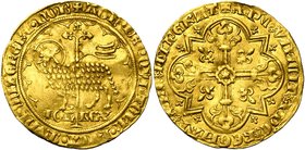 FRANCE, Royaume, Jean II le Bon (1350-1364), AV mouton d''or, janvier 1355. D/ Dans un polylobe, l''agneau pascal à g., t. à d., devant une croix avec...
