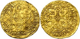 FRANCE, Royaume, Charles V (1364-1380), AV franc à pied, avril 1365. D/ Le roi deb. sous un dais, ten. l''épée et la main de justice. Champ fleurdelis...
