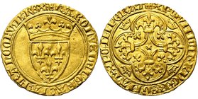FRANCE, Royaume, Charles VI (1380-1422), AV écu d''or à la couronne, 1e émission (mars 1385). D/ Ecu de France couronné. R/ Croix fleurdelisée et feui...