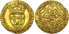 FRANCE, Royaume, Charles VI (1380-1422), AV écu d''or à la couronne, 3e émission (septembre 1389), point 20e, Villeneuve-lès-Avignon. D/ Ecu de France...
