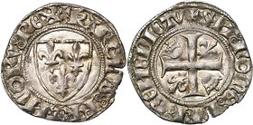 FRANCE, Royaume, Charles VI (1380-1422), billon blanc guénar, 4e émission (octobre 1411), Paris. Point creux sous la croisette initiale. D/ Ecu de Fra...