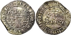 FRANCE, Royaume, Henri VI d''Angleterre (1422-1453), billon blanc aux écus, novembre 1422, Saint-Lô (lis initial). D/ Ecus accostés de France et de Fr...