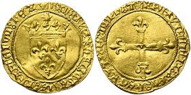 FRANCE, Royaume, Charles VIII (1483-1498), AV écu d''or au soleil, 1e émission (septembre 1483), point 4e, Montpellier. Couronnelles initiales. D/ Ecu...