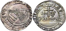 FRANCE, BOURGOGNE, Duché, Philippe le Bon (1419-1467), AR blanc aux écus, 1424-1427, Auxonne (point 1er). D/ Ecus accolés de Bourgogne nouveau et Bour...