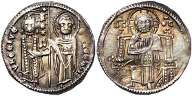 SERBIE, Stéphane Urosh II Milutin (1282-1321), AR gros. Imitation du grosso vénitien. D/ S STEFAN''/ VROSIVS/ REX Le roi et saint Stéphane deb. de f.,...
