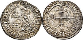 ORDRE DE SAINT-JEAN A RHODES, Roger de Pins (1355-1365), AR aspre (demi-gigliat). 2e type. D/ + F ROGIERIVS DE PINIBVS D GRA M Le grand maître agenoui...