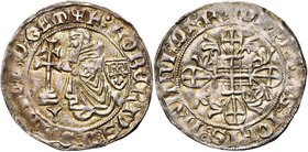 ORDRE DE SAINT-JEAN A RHODES, Robert de Juilly (1374-1377), AR gigliat. D/ Le grand maître agenouillé à g. devant une croix patriarcale, sous laquelle...