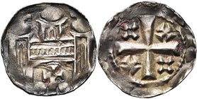 BRABANT, Duché, Godefroid III (1143-1190), AR denier, 1164-1183. D/ Bâtiment à trois tours sommées d''une croix. En dessous, une croix entre deux glob...