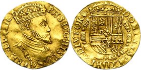 BRABANT, Duché, Philippe II (1555-1598), AV réal d''or, s.d. (1557-1560), Anvers. Au titre de roi d''Angleterre. Légende du droit débutant à 1h. D/ B....