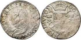 BRABANT, Duché, Philippe II (1555-1598), AR demi-écu Philippe, 1592, Anvers. D/ B. cuir. à g. R/ Ecu couronné avec écusson de Portugal en surtout, sur...