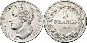 BELGIQUE, Royaume, Léopold Ier (1831-1865), AR 5 francs, 1834. Pos. A. Bogaert 82A. Nettoyé.

Très Beau / Very Fine