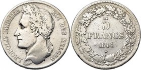 BELGIQUE, Royaume, Léopold Ier (1831-1865), AR 5 francs, 1844. Pos. A. Bogaert 206A. Rare Nettoyé.

Beau / Fine
