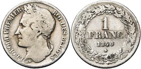 BELGIQUE, Royaume, Léopold Ier (1831-1865), AR 1 franc, 1840. Dupriez 170. Rare Nettoyé.

Beau / Fine