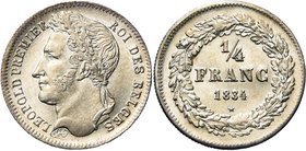 BELGIQUE, Royaume, Léopold Ier (1831-1865), AR 1/4 de franc, 1834. Avec signature. Dupriez 101.

Superbe / Extremely Fine