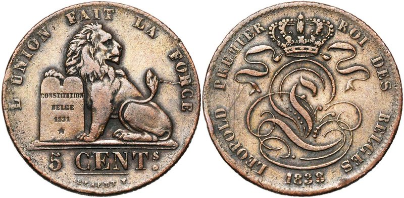 BELGIQUE, Royaume, Léopold Ier (1831-1865), Cu 5 centimes, 1838. BRAEMT F. avec ...