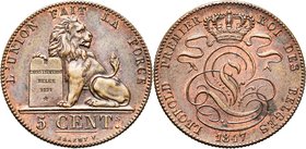BELGIQUE, Royaume, Léopold Ier (1831-1865), Cu 5 centimes, 1847. BRAEMT F. avec point. Dupriez 349. Petite tache au revers.

Superbe / Extremely Fin...