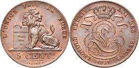 BELGIQUE, Royaume, Léopold Ier (1831-1865), Cu 5 centimes, 1851. Petit 5. BRAEMT F. avec point. Bogaert 516A.

Fleur de Coin / Uncirculated