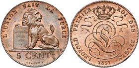 BELGIQUE, Royaume, Léopold Ier (1831-1865), Cu 5 centimes, 1851. Petit 5. BRAEMT F. avec point. Bogaert 516A.

Superbe à Fleur de Coin / Extremely F...