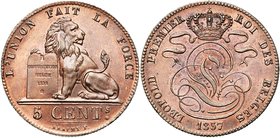 BELGIQUE, Royaume, Léopold Ier (1831-1865), Cu 5 centimes, 1857. Bogaert 594B.

presque Fleur de Coin / about Uncirculated